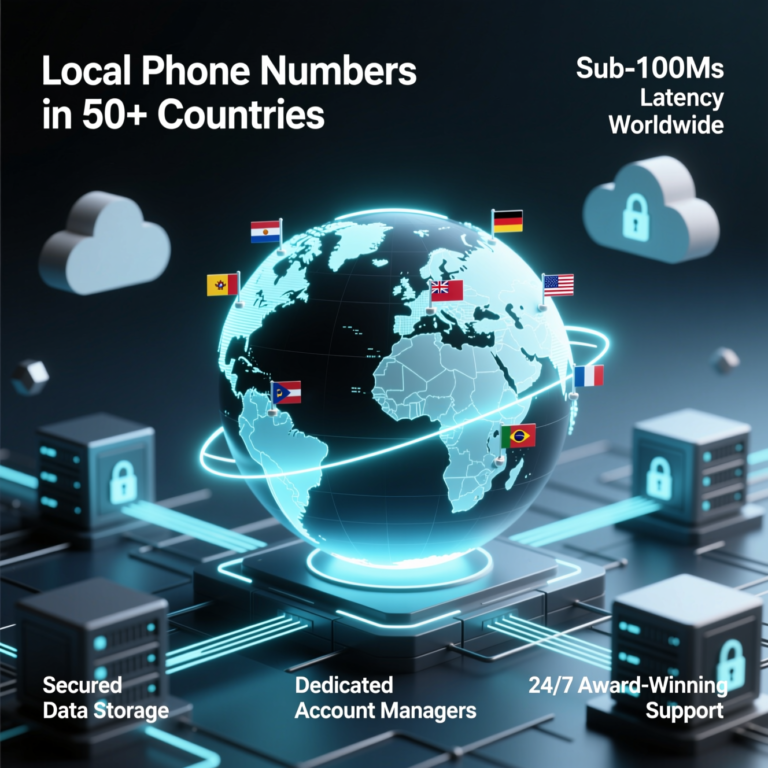 A promotional graphic featuring a large, glowing digital globe at the center, pinned with various national flags to represent global connectivity. Glowing teal data lines wrap around the globe and connect to secure server blocks arranged on a dark, futuristic grid platform. The top left text reads "Local Phone Numbers in 50+ Countries," while the top right states "Sub-100Ms Latency Worldwide." Three labels are spaced along the bottom of the image: "Secured Data Storage," "Dedicated Account Managers," and "24/7 Award-Winning Support."